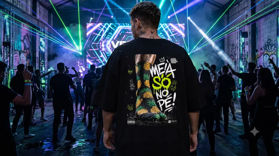 Modelo em festival com a Camiseta Oversized Meia só no pé, de costas